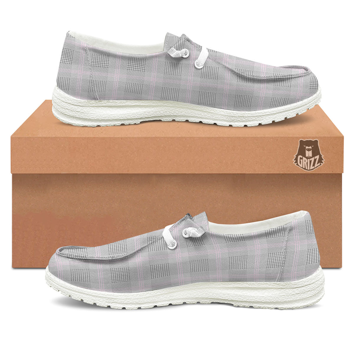 Grey Prince Of Wales Check Print White Loafers-grizzshop