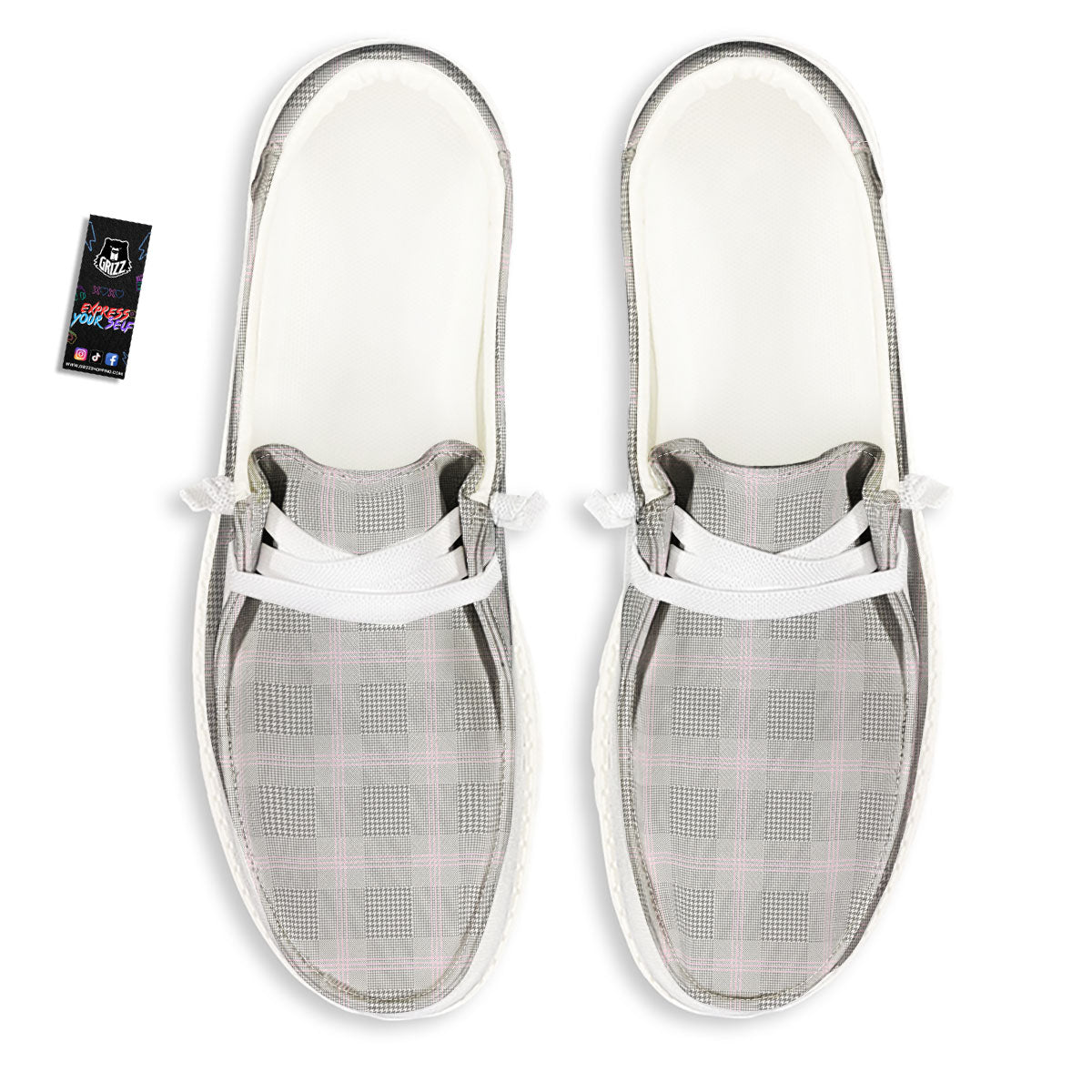 Grey Prince Of Wales Check Print White Loafers-grizzshop