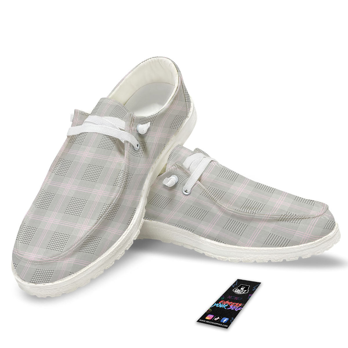 Grey Prince Of Wales Check Print White Loafers-grizzshop