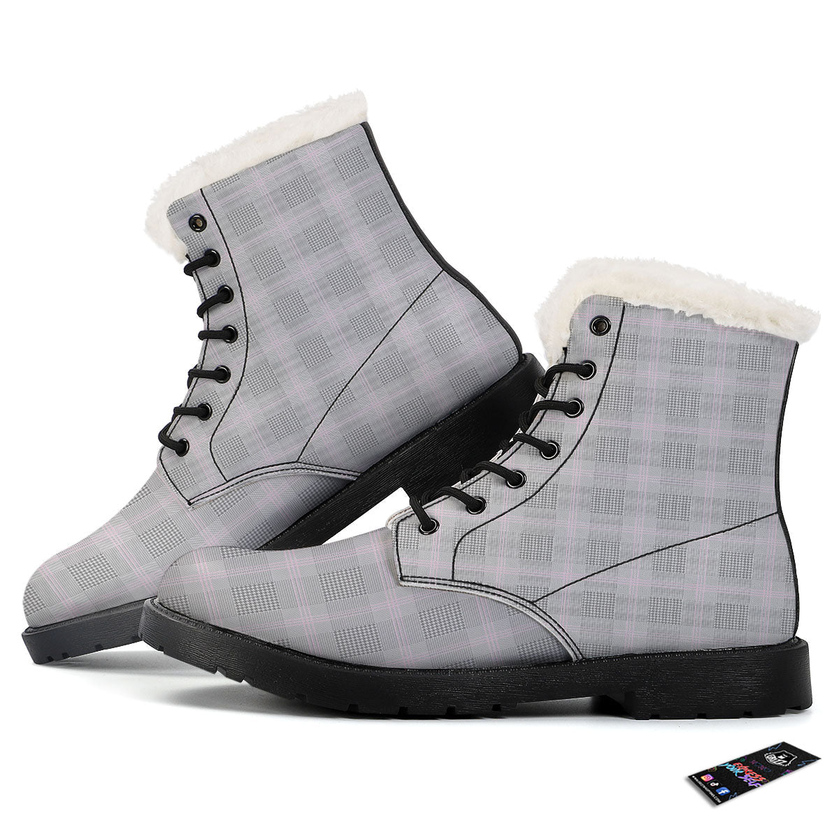 Grey Prince Of Wales Check Print Winter Boots-grizzshop