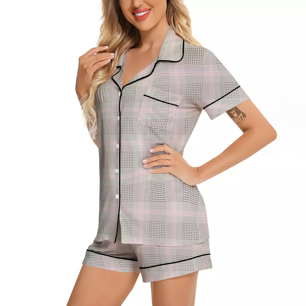 Grey Prince Of Wales Check Print Women Silk Pajamas-grizzshop