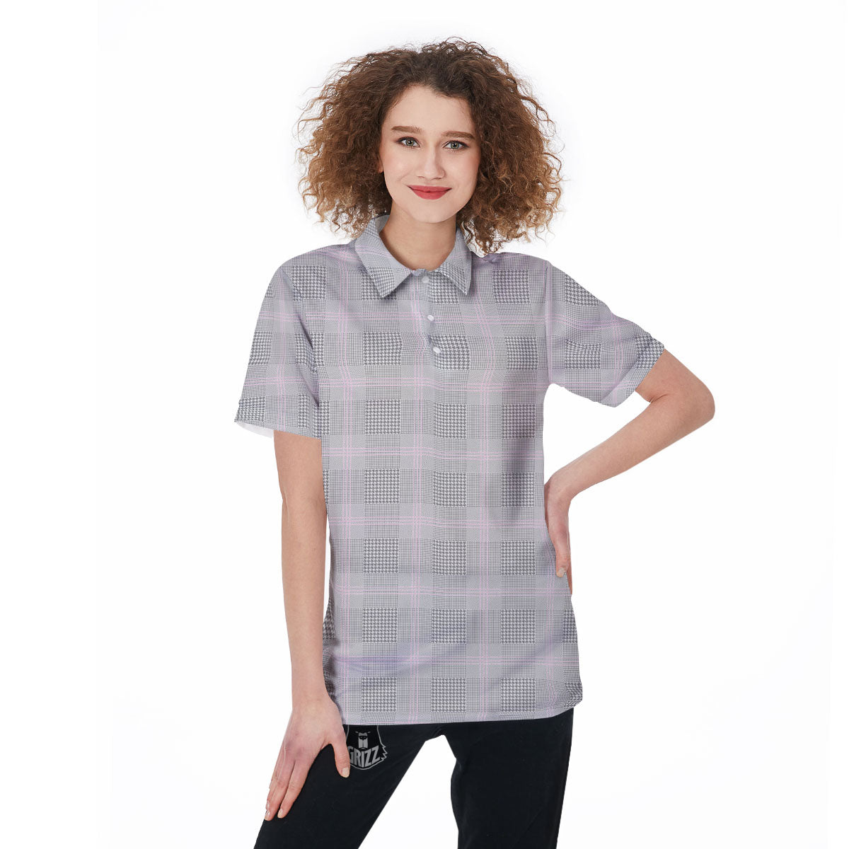 Grey Prince Of Wales Check Print Women's Golf Shirts-grizzshop
