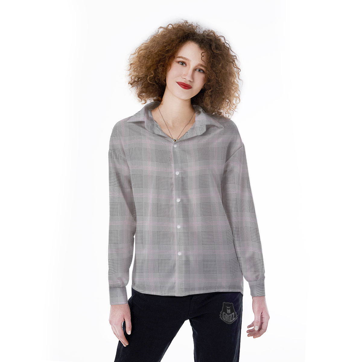 Grey Prince Of Wales Check Print Women's Long Sleeve Shirts-grizzshop