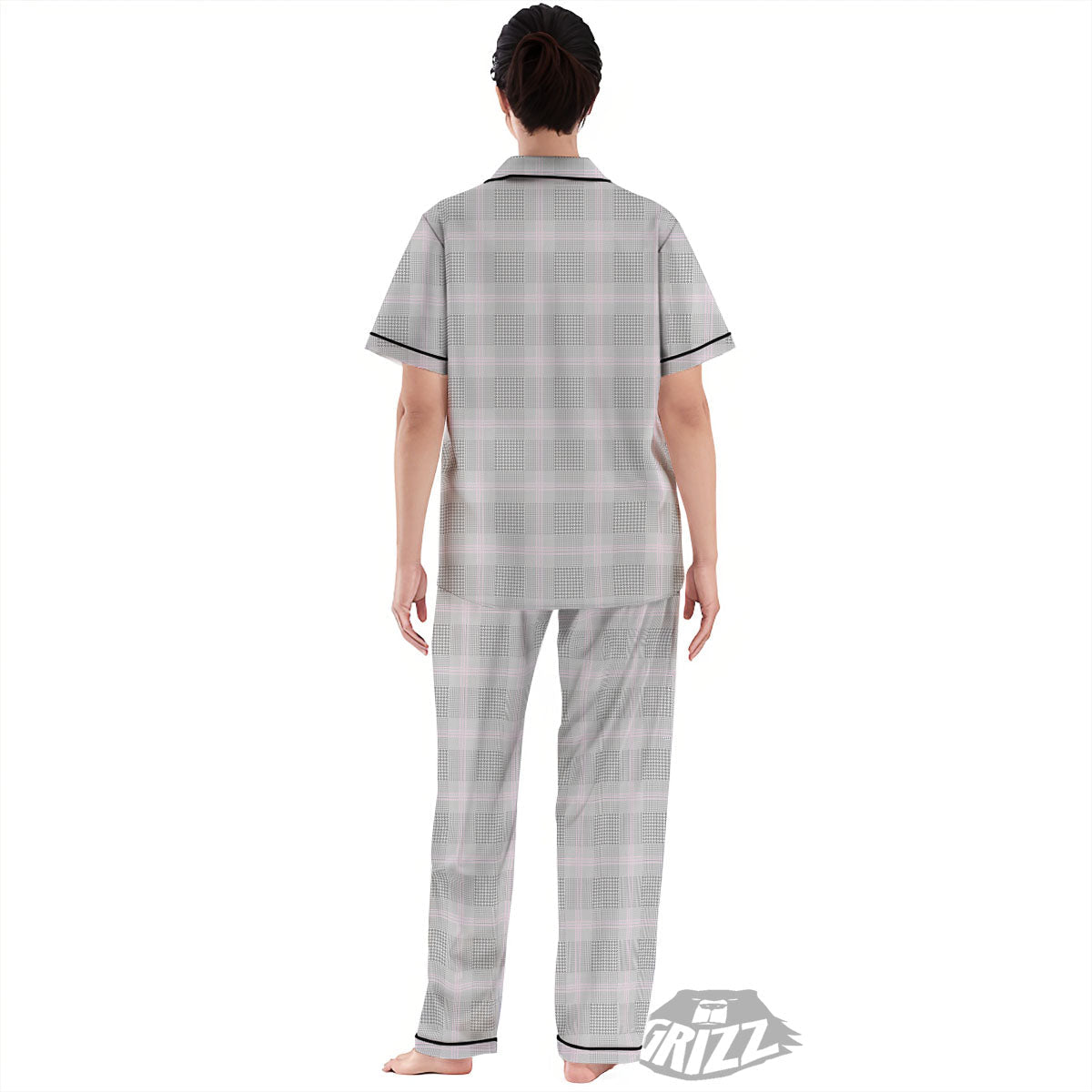 Grey Prince Of Wales Check Print Women's Pajamas Set-grizzshop