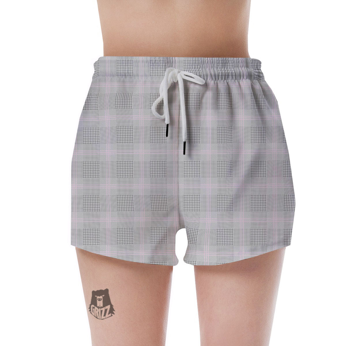 Grey Prince Of Wales Check Print Women's Shorts-grizzshop