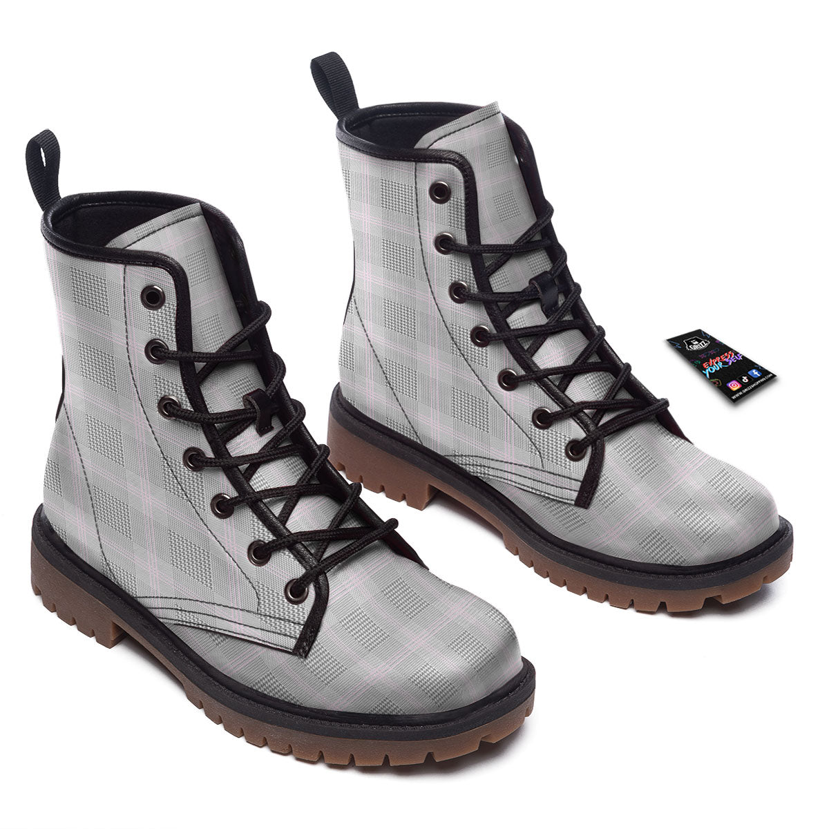 Grey Prince Of Wales Check Print Work Boots-grizzshop