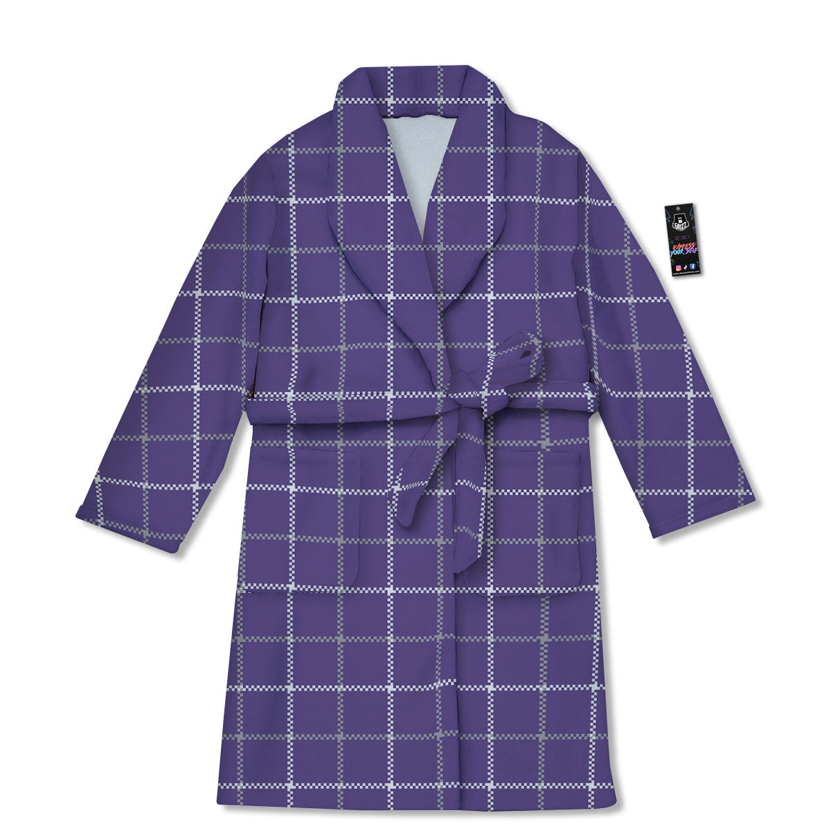 Grey Purple And White Tattersall Print Pattern Bathrobe-grizzshop