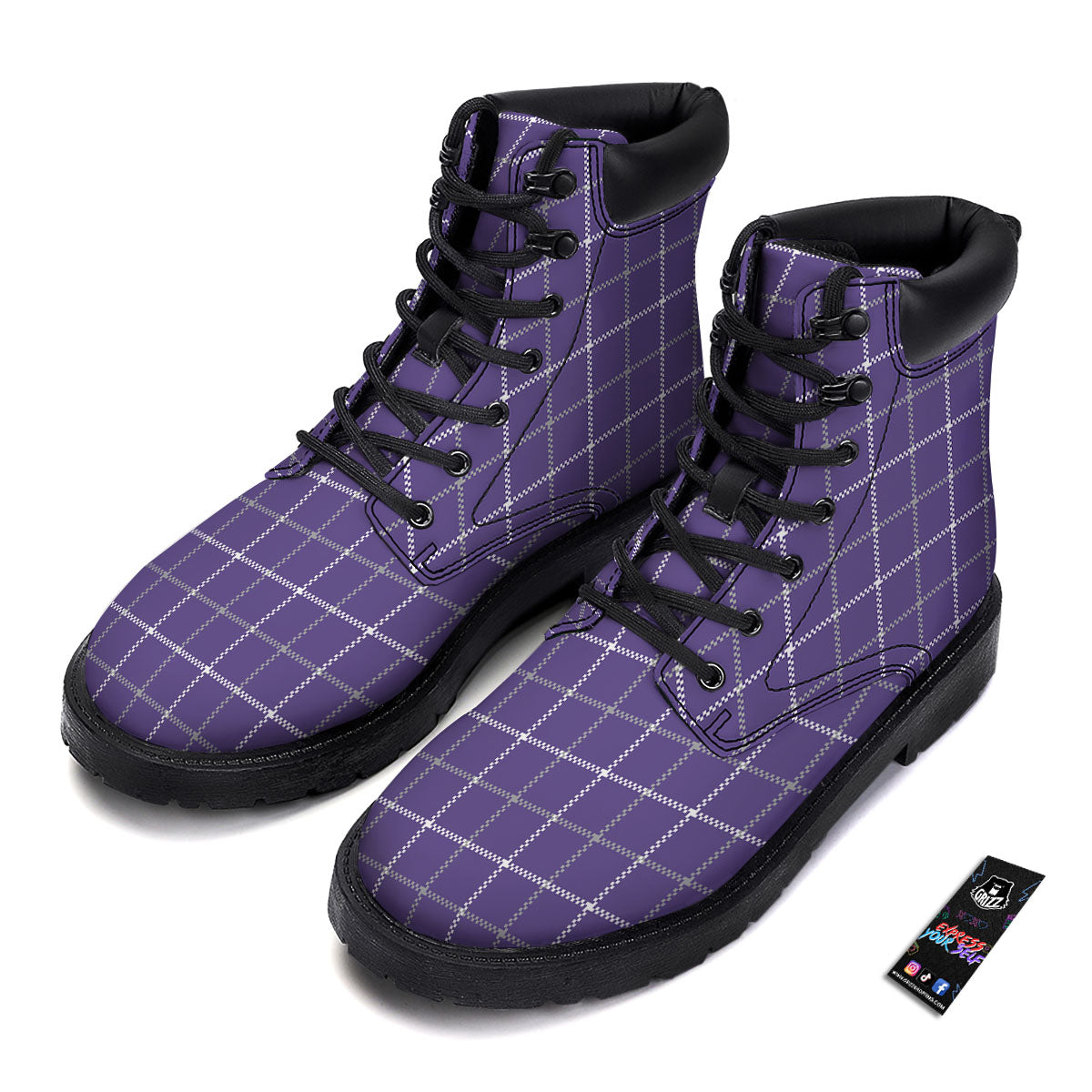 Grey Purple And White Tattersall Print Pattern Boots-grizzshop