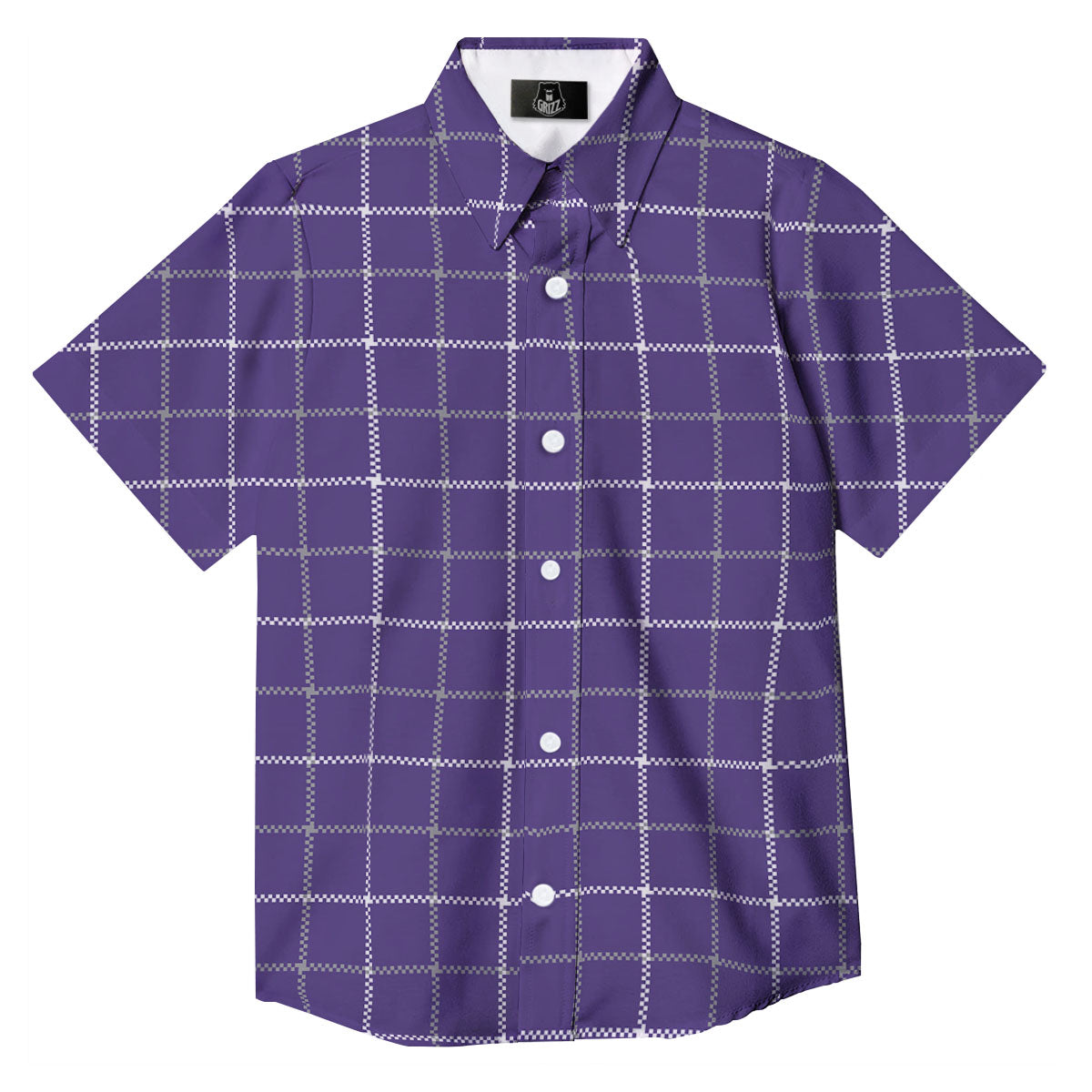 Grey Purple And White Tattersall Print Pattern Button Up Shirt-grizzshop