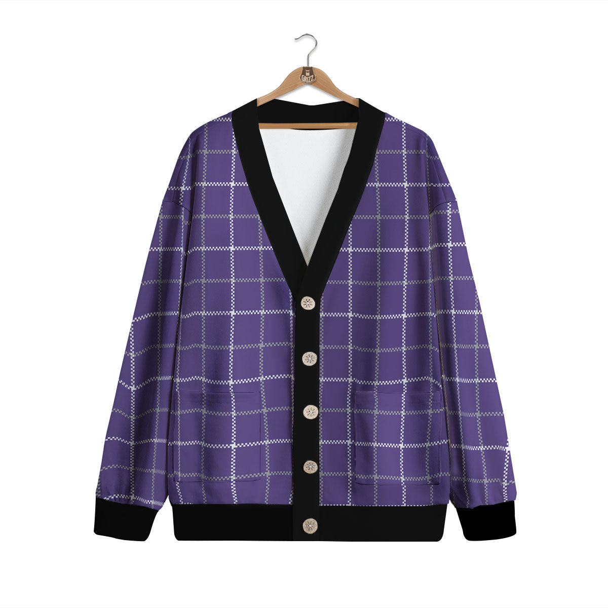 Grey Purple And White Tattersall Print Pattern Cardigan-grizzshop