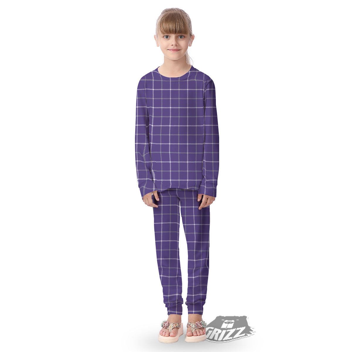 Grey Purple And White Tattersall Print Pattern Kid's Pajamas-grizzshop