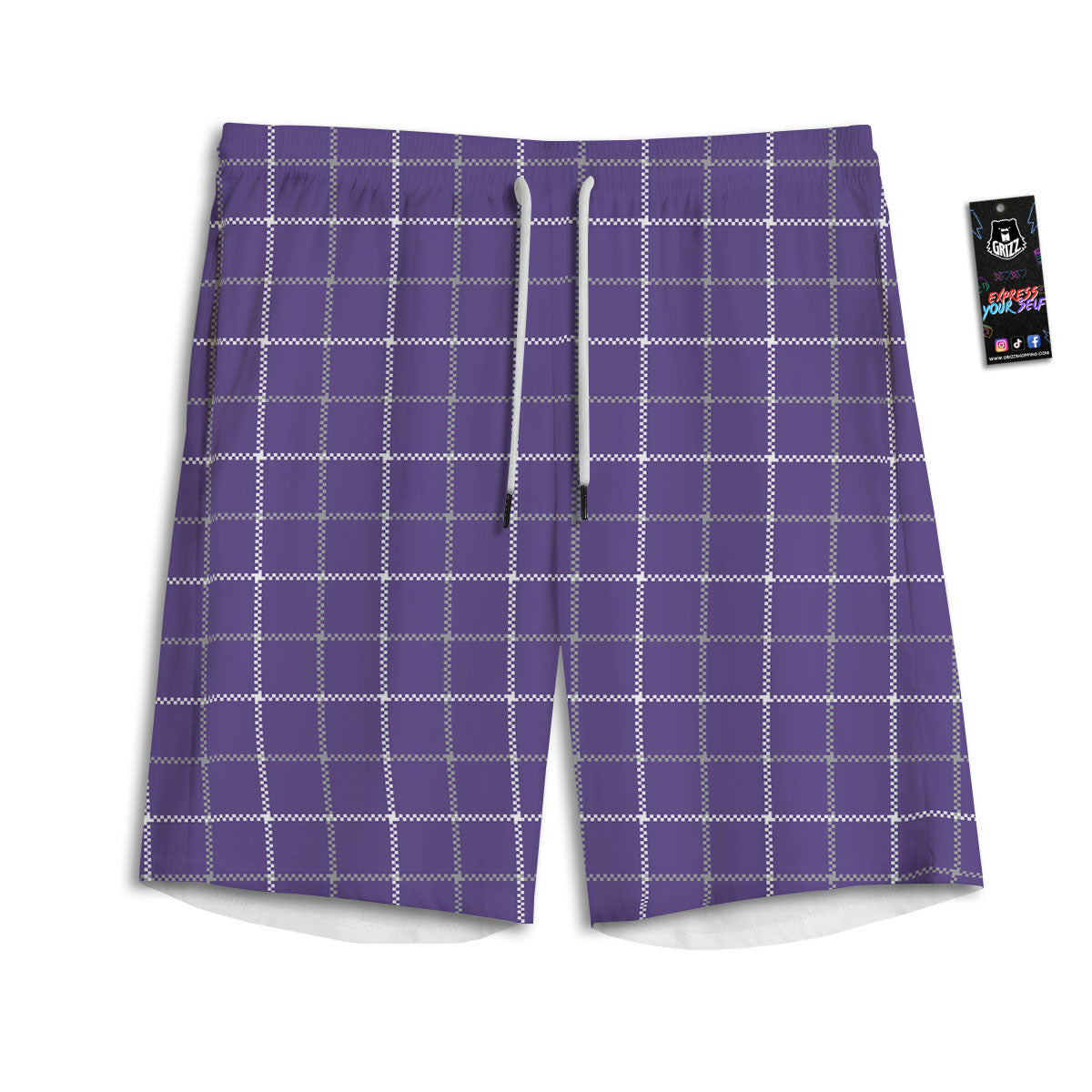 Grey Purple And White Tattersall Print Pattern Men's Athletic Shorts