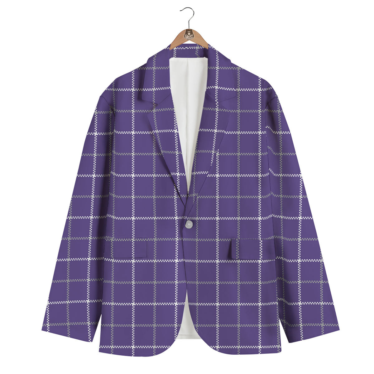 Grey Purple And White Tattersall Print Pattern Men's Blazer-grizzshop