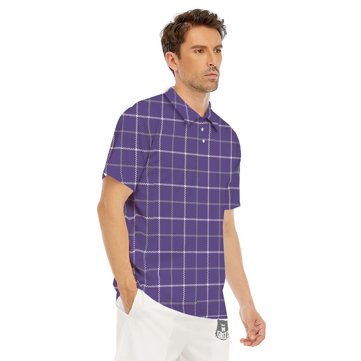 Grey Purple And White Tattersall Print Pattern Men's Golf Shirts-grizzshop