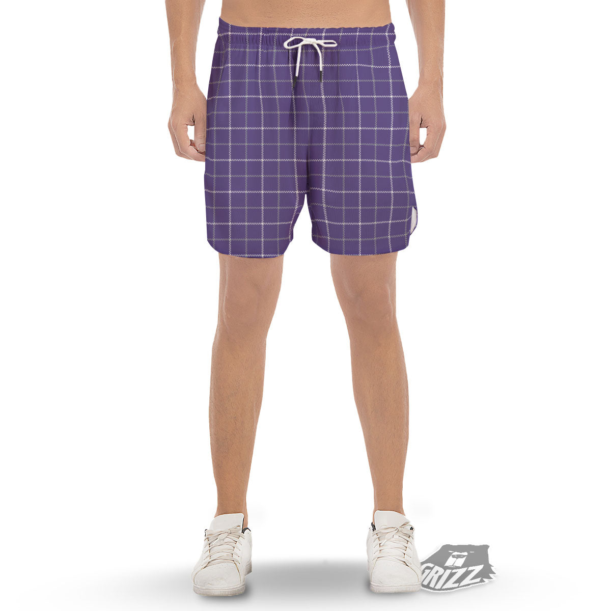 Grey Purple And White Tattersall Print Pattern Men's Gym Shorts-grizzshop