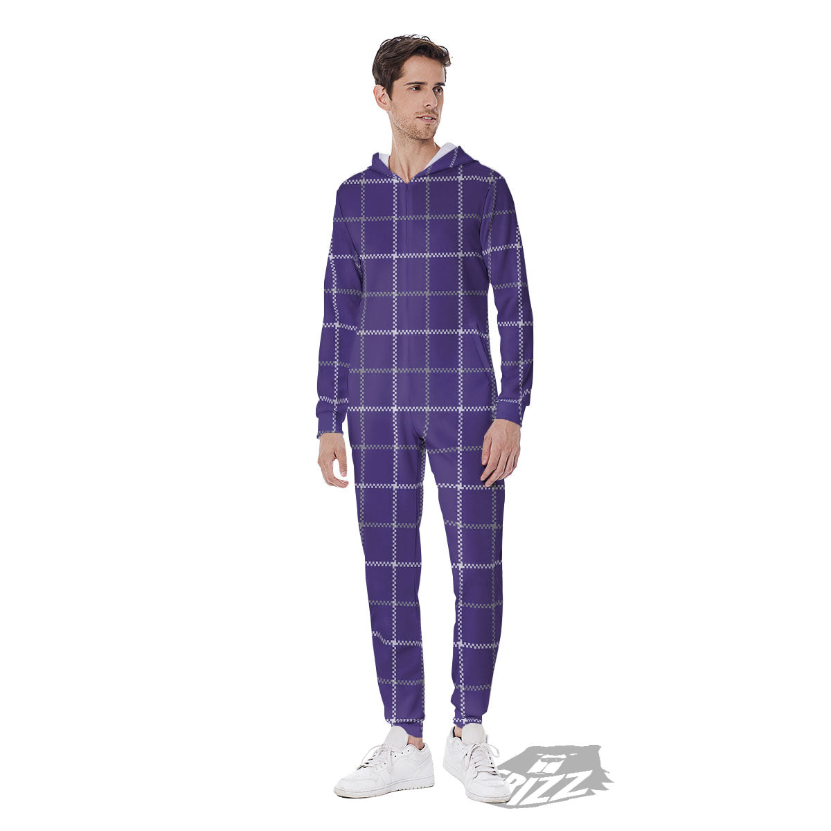 Grey Purple And White Tattersall Print Pattern Men's Jumpsuit-grizzshop