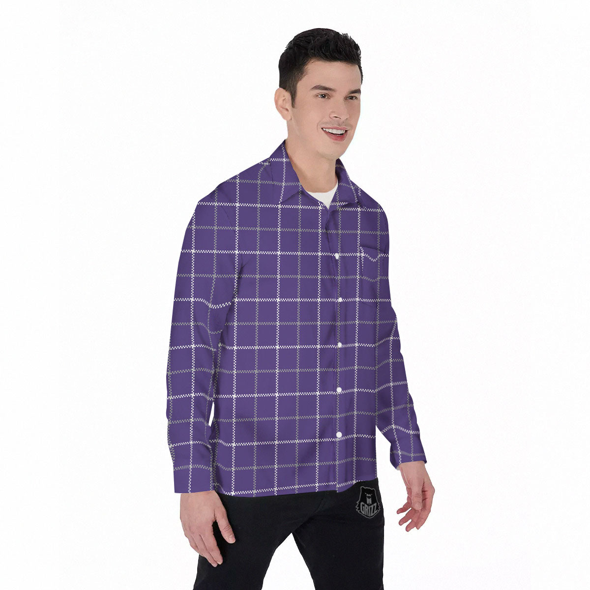 Grey Purple And White Tattersall Print Pattern Men's Long Sleeve Shirts-grizzshop