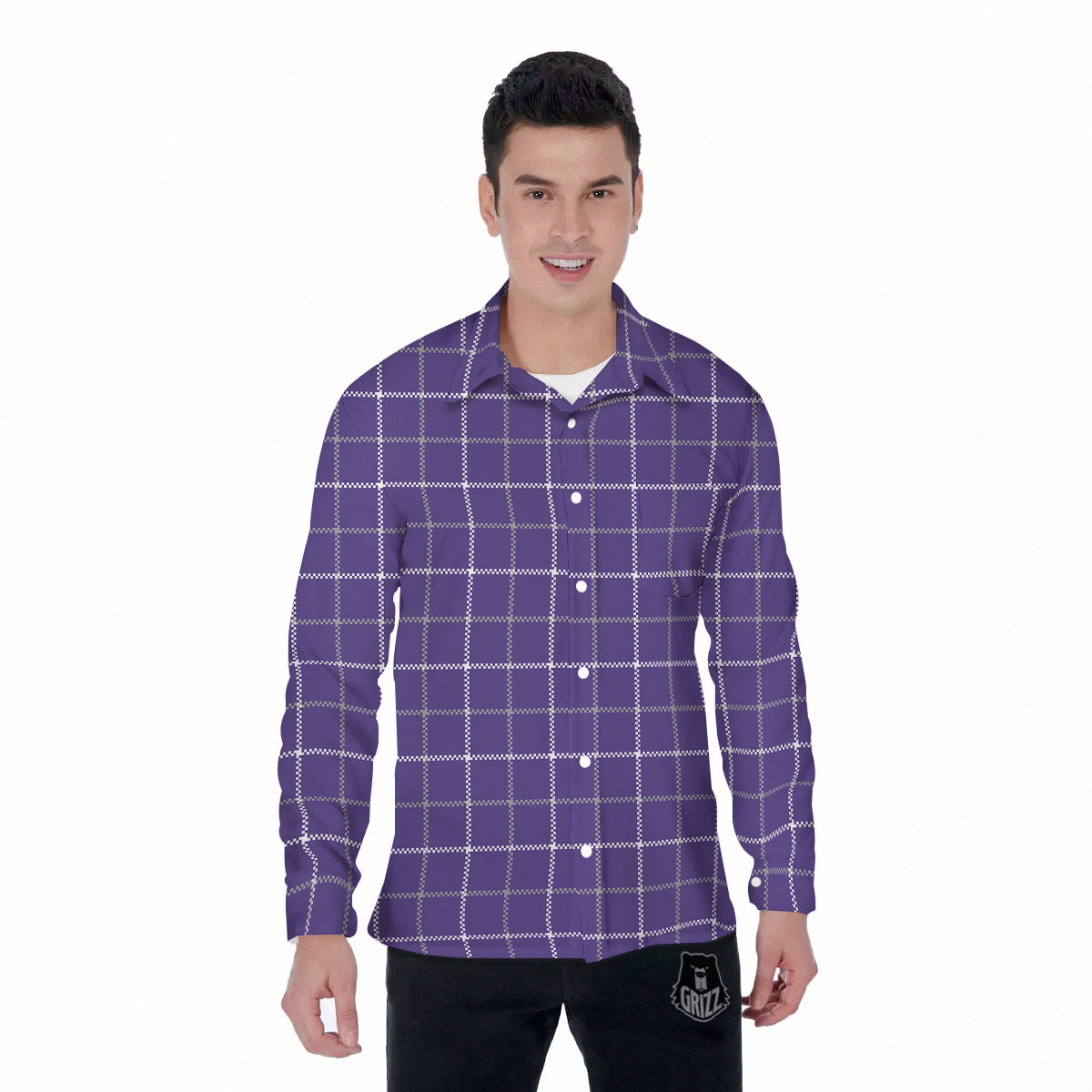Grey Purple And White Tattersall Print Pattern Men's Long Sleeve Shirts-grizzshop