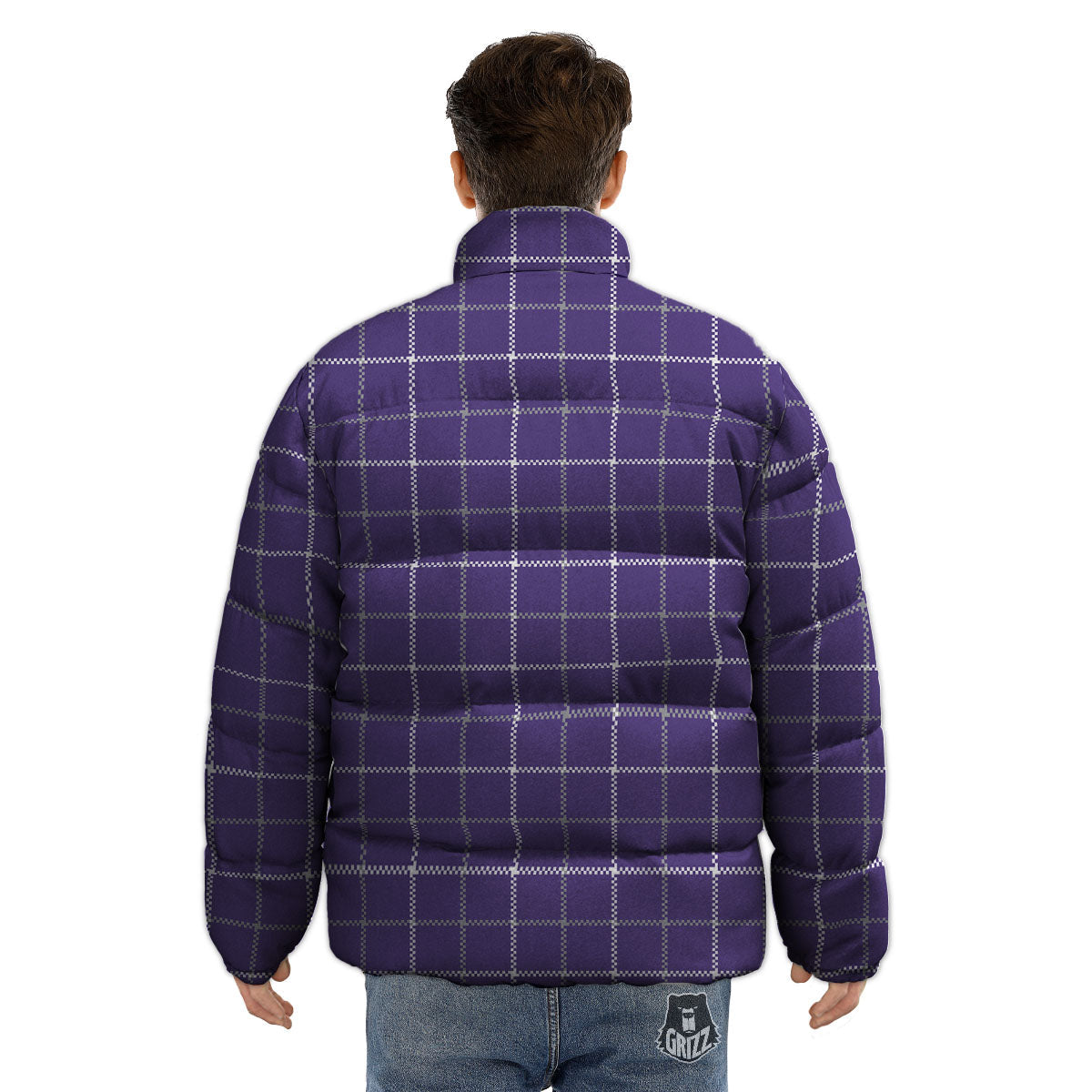 Grey Purple And White Tattersall Print Pattern Puffer Jacket-grizzshop