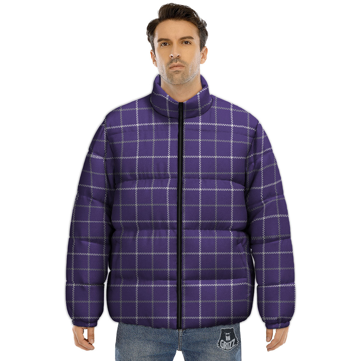 Grey Purple And White Tattersall Print Pattern Puffer Jacket-grizzshop