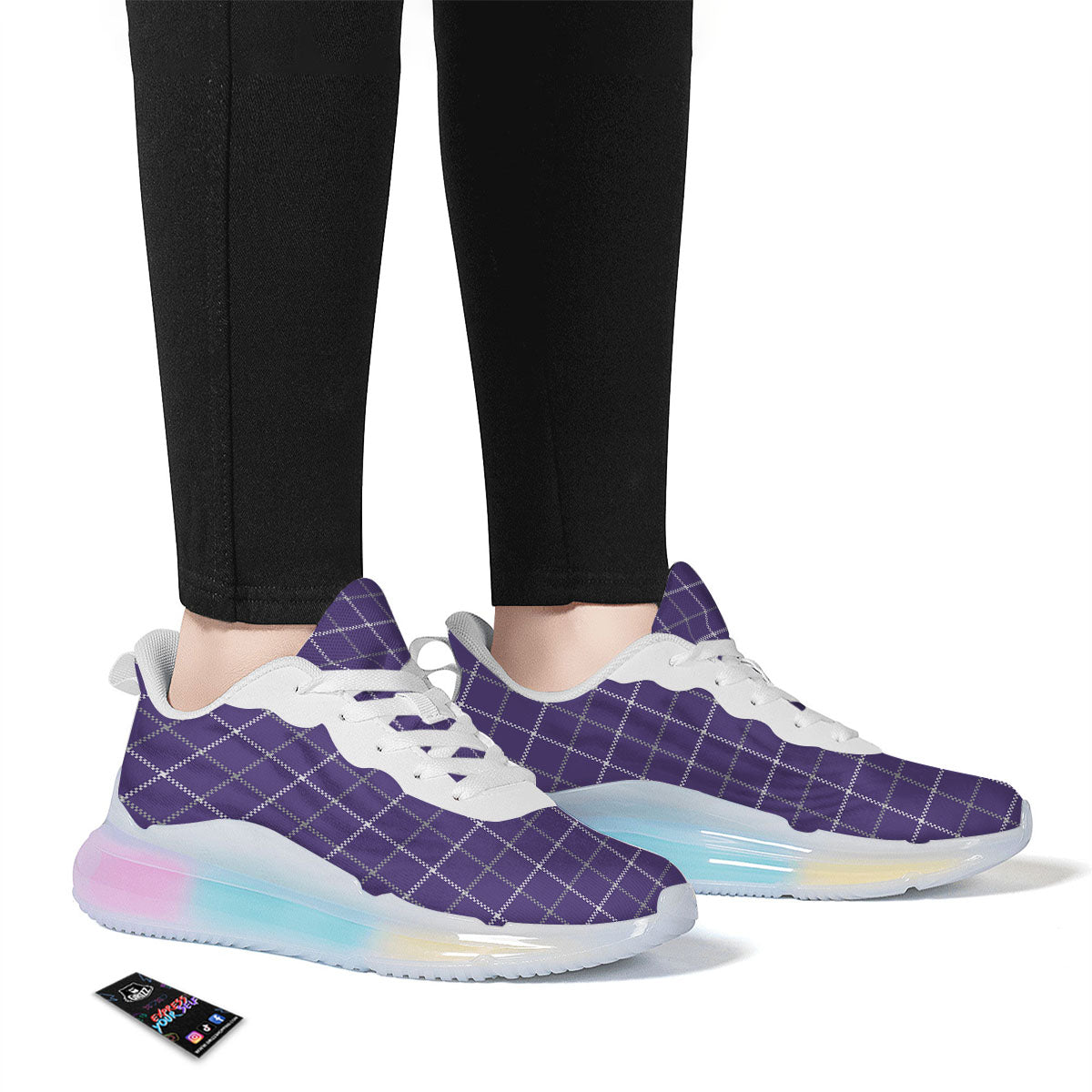 Grey Purple And White Tattersall Print Pattern Running Sneakers-grizzshop