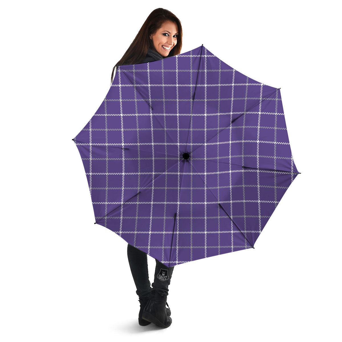 Grey Purple And White Tattersall Print Pattern Umbrella-grizzshop