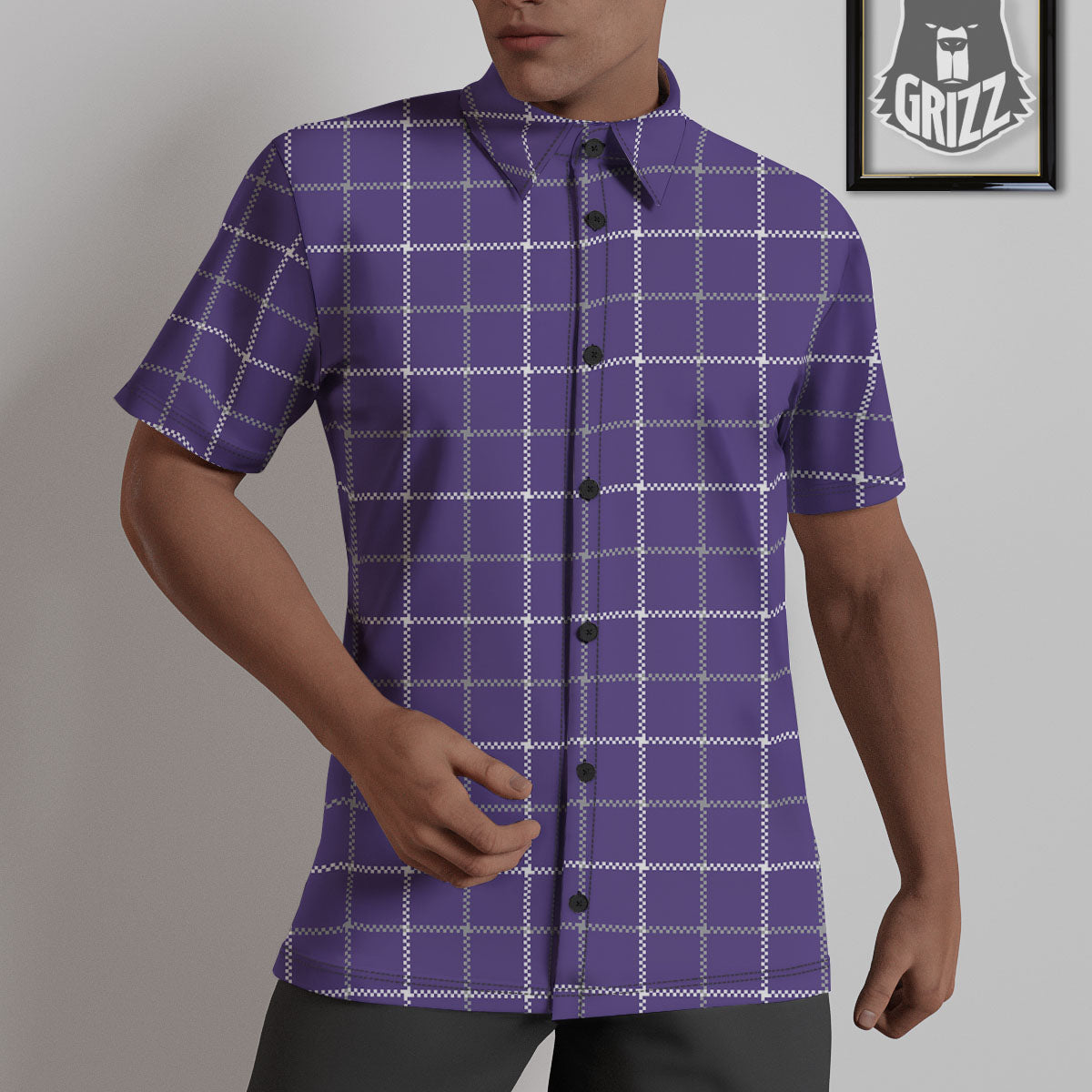 Grey Purple And White Tattersall Print Pattern Untucked Shirts-grizzshop