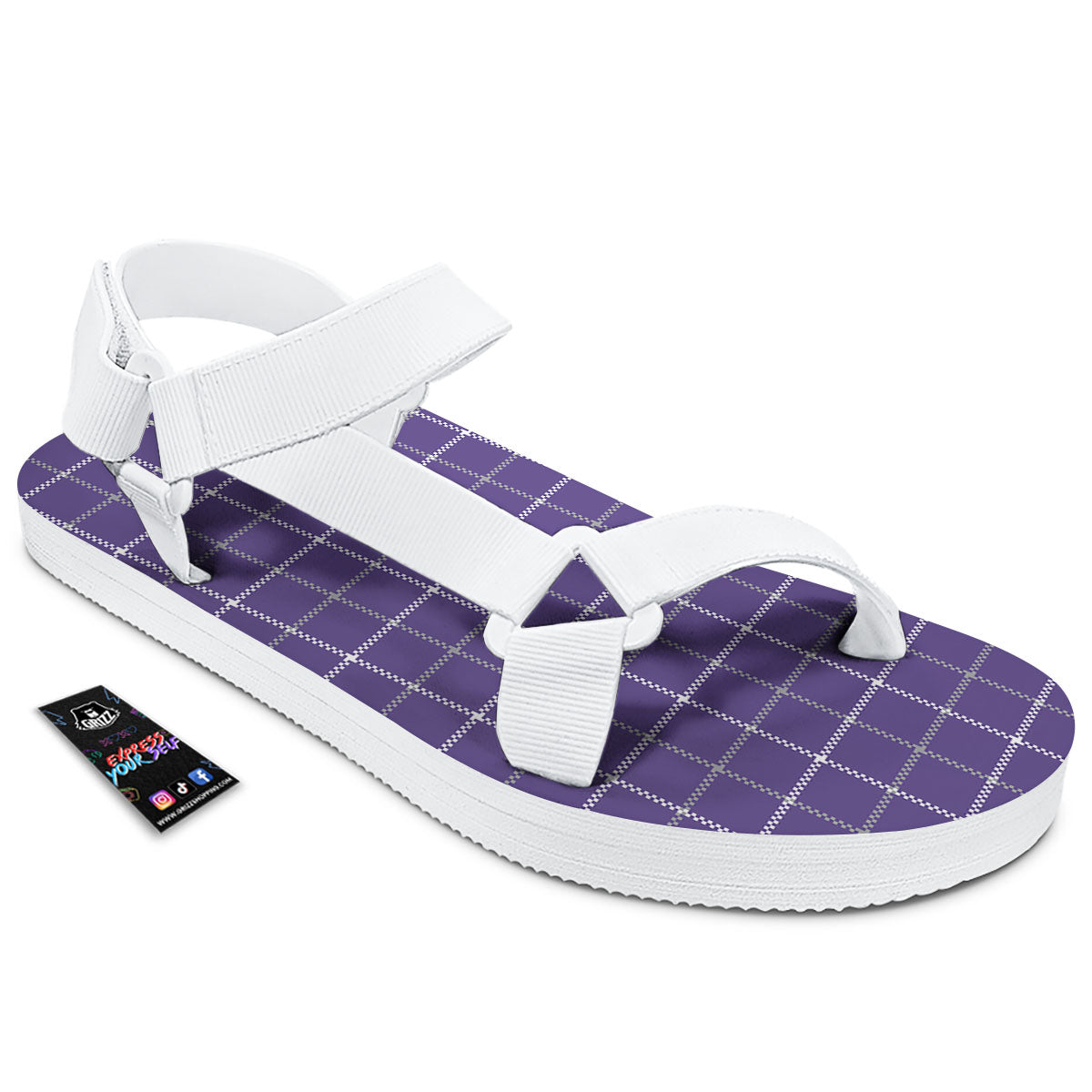 Grey Purple And White Tattersall Print Pattern White Open Toe Sandals-grizzshop