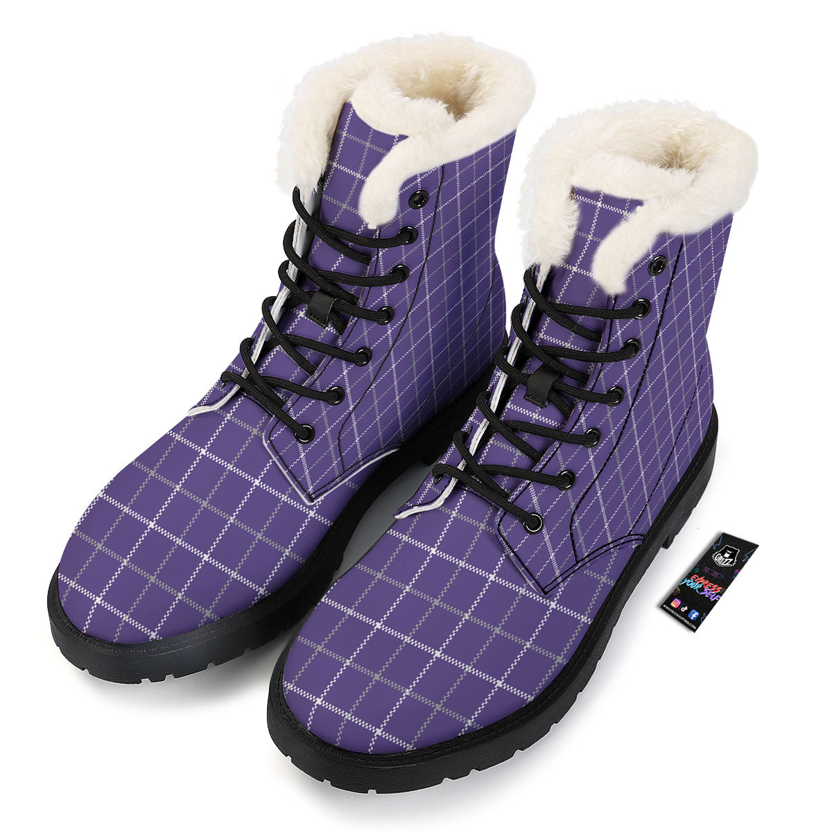 Grey Purple And White Tattersall Print Pattern Winter Boots-grizzshop