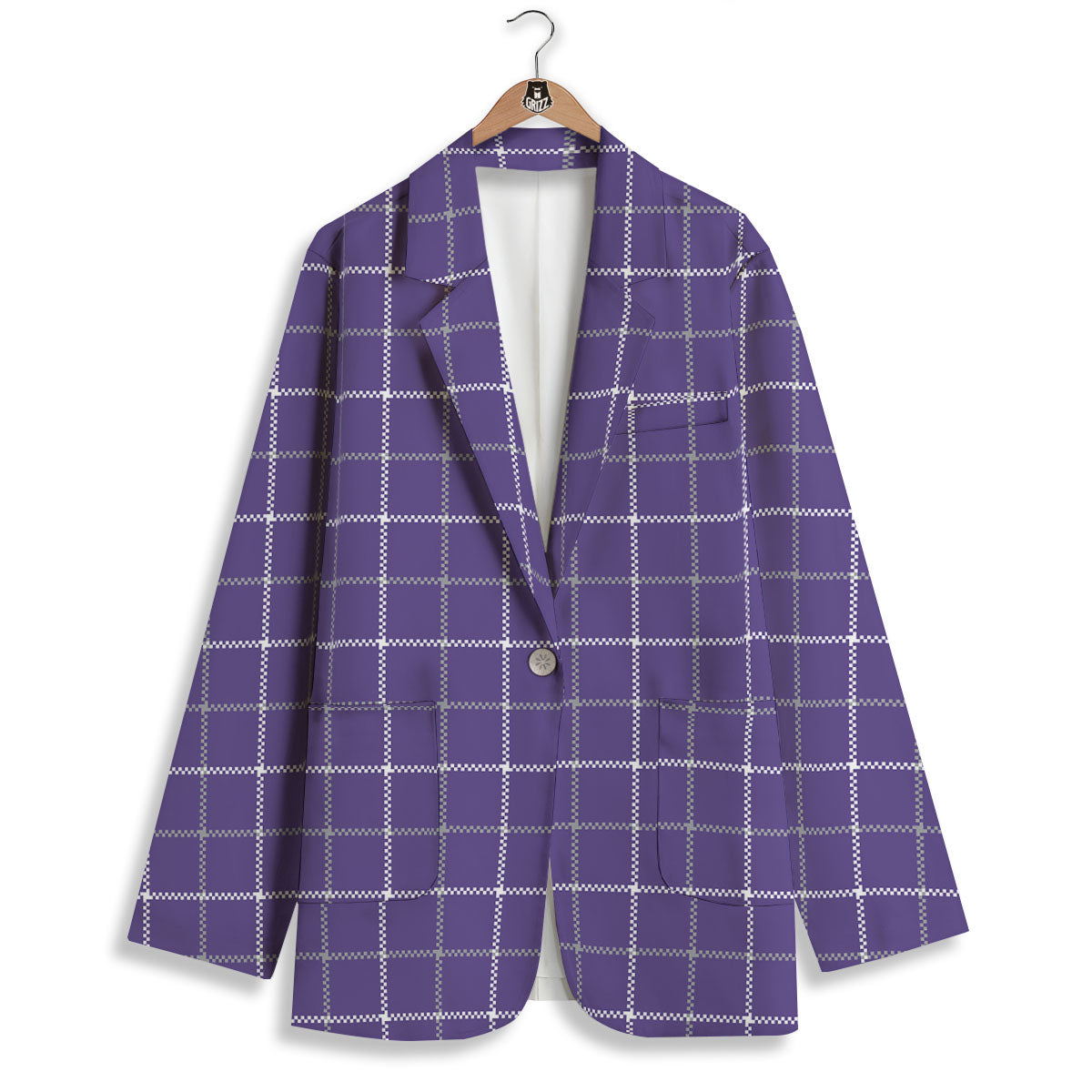 Grey Purple And White Tattersall Print Pattern Women's Blazer-grizzshop