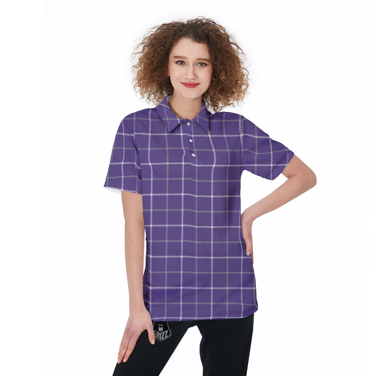 Grey Purple And White Tattersall Print Pattern Women's Golf Shirts-grizzshop