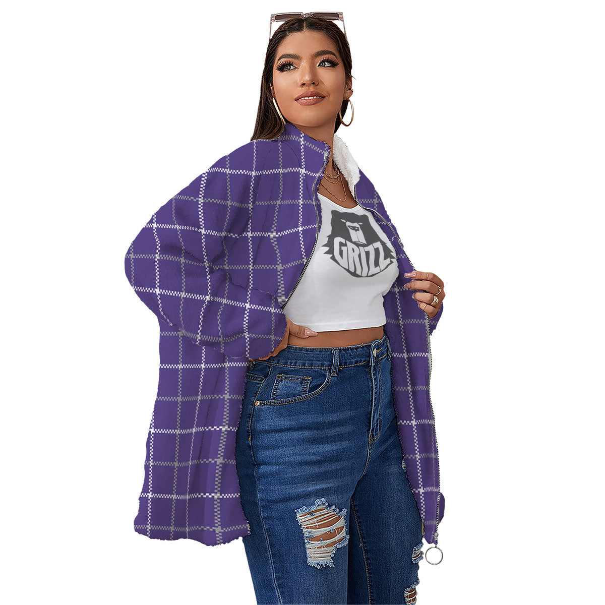 Grey Purple And White Tattersall Print Pattern Women's Sherpa Jacket-grizzshop
