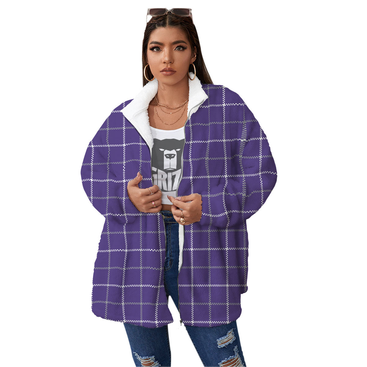 Grey Purple And White Tattersall Print Pattern Women's Sherpa Jacket-grizzshop