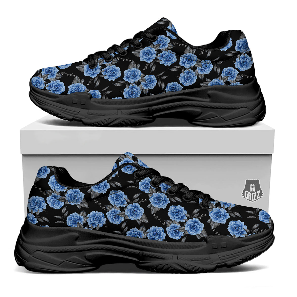 Grey Rose Floral And Blue Peony Print Black Chunky Shoes-grizzshop