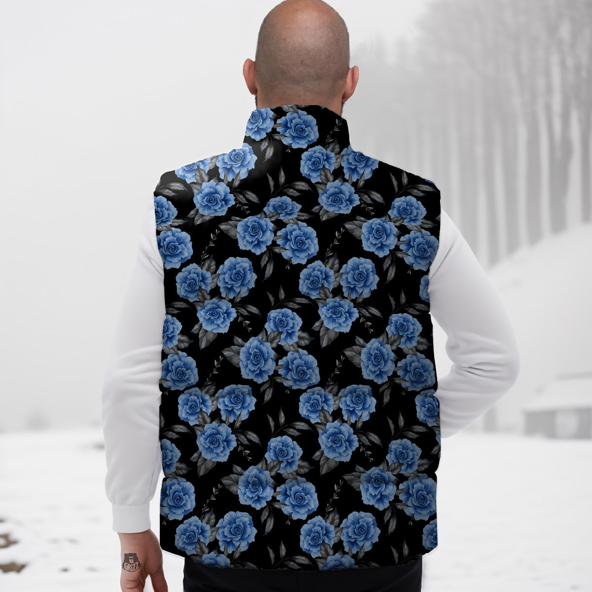 Grey Rose Floral And Blue Peony Print Down Vest