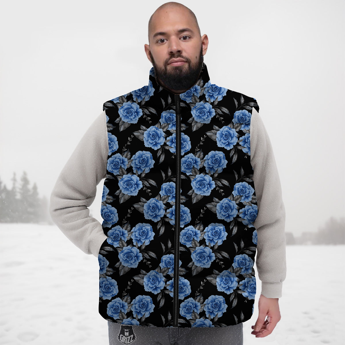 Grey Rose Floral And Blue Peony Print Down Vest