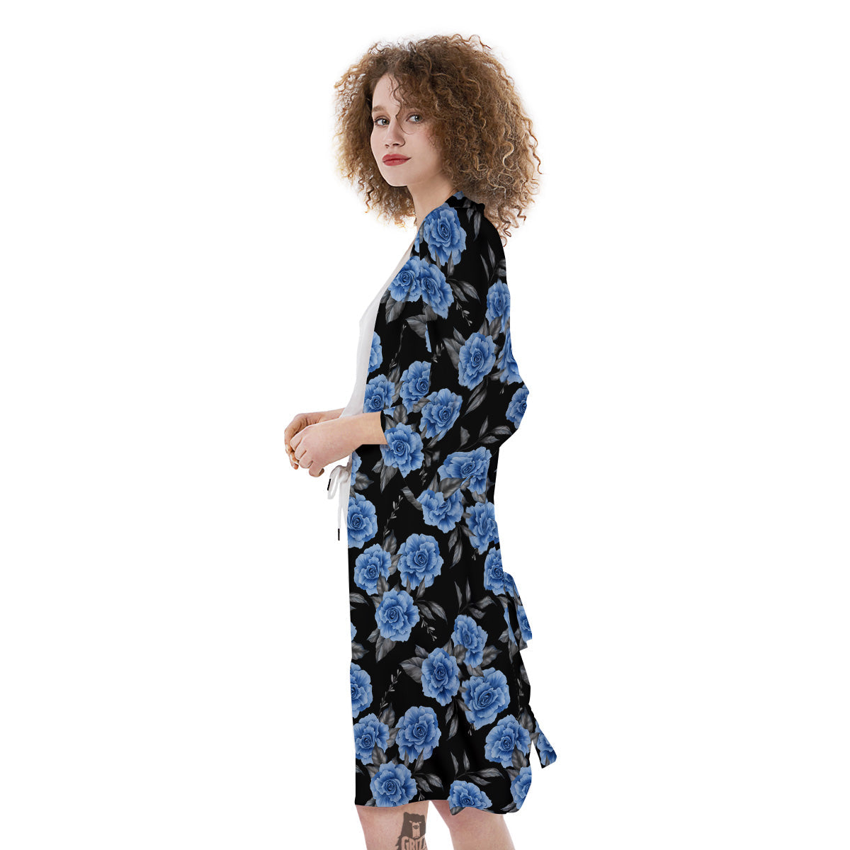 Grey Rose Floral And Blue Peony Print Kimono-grizzshop