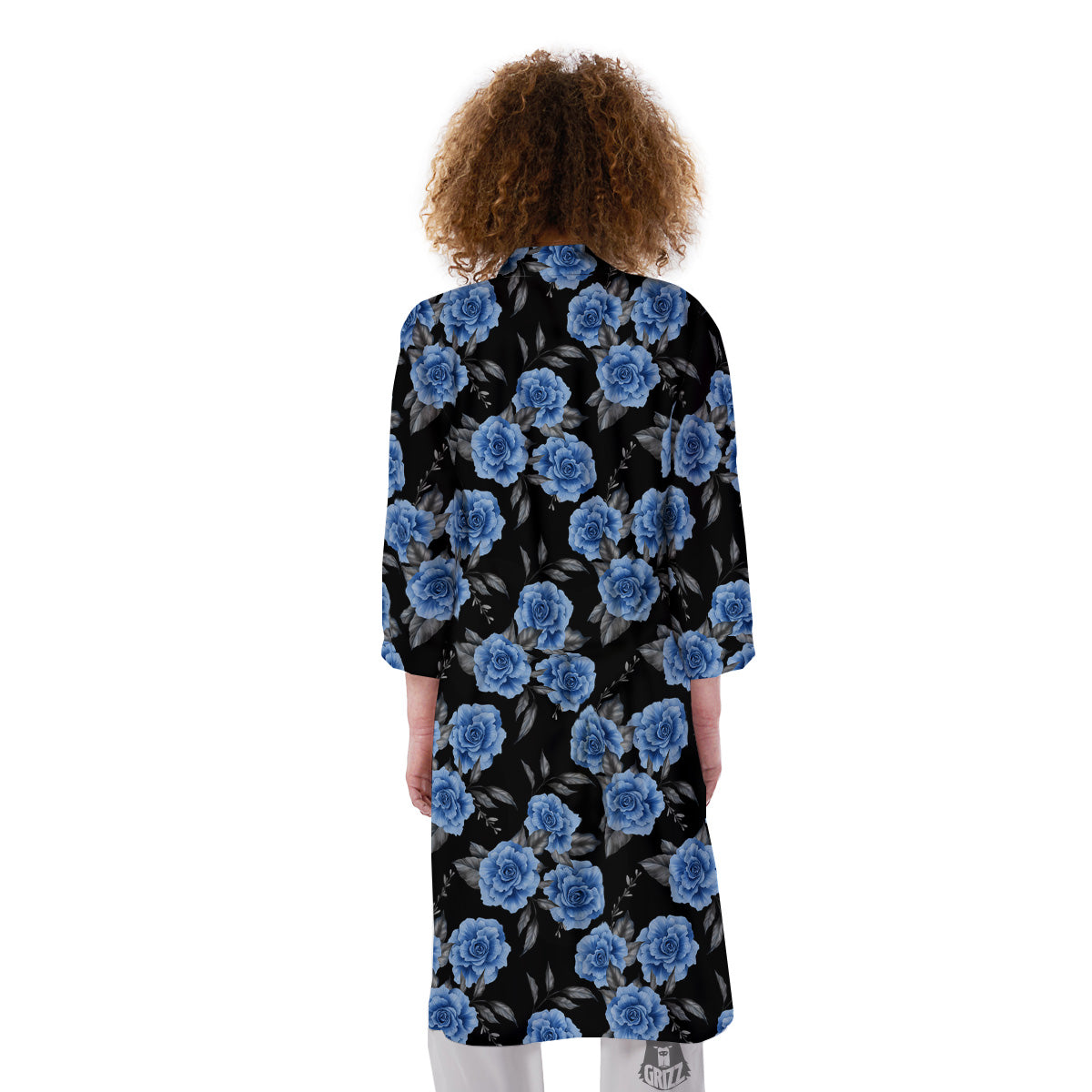 Grey Rose Floral And Blue Peony Print Kimono-grizzshop