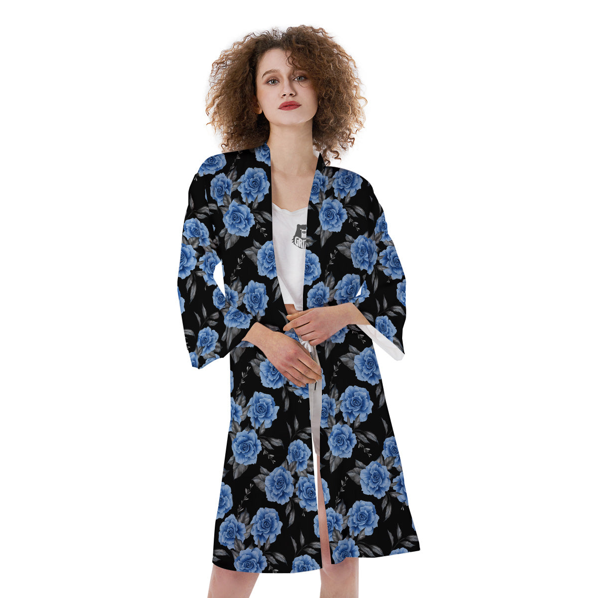 Grey Rose Floral And Blue Peony Print Kimono-grizzshop