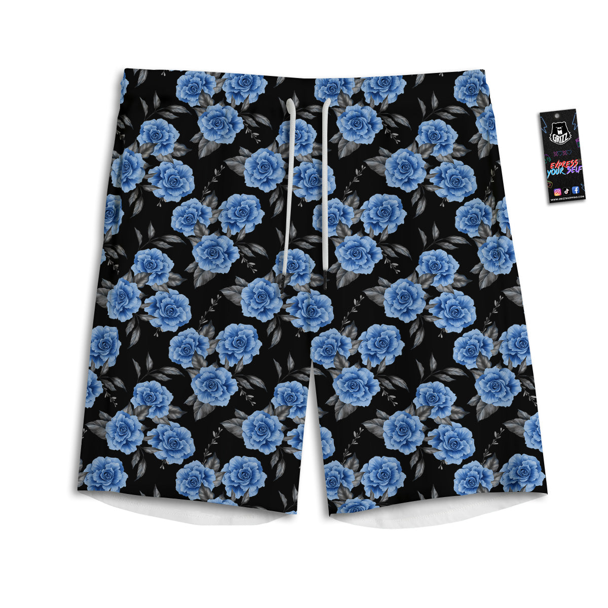 Grey Rose Floral And Blue Peony Print Men's Athletic Shorts