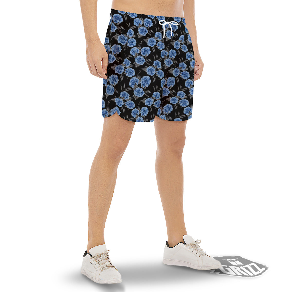 Grey Rose Floral And Blue Peony Print Men's Gym Shorts-grizzshop