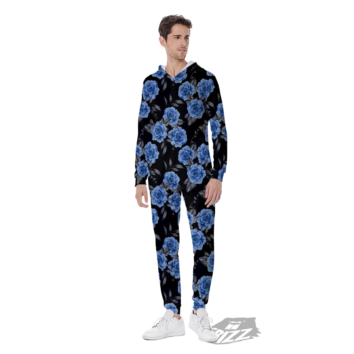 Grey Rose Floral And Blue Peony Print Men's Jumpsuit-grizzshop