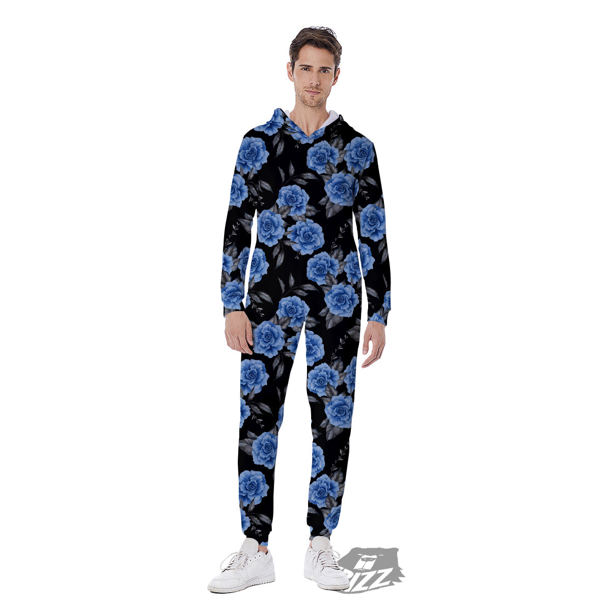 Grey Rose Floral And Blue Peony Print Men's Jumpsuit-grizzshop