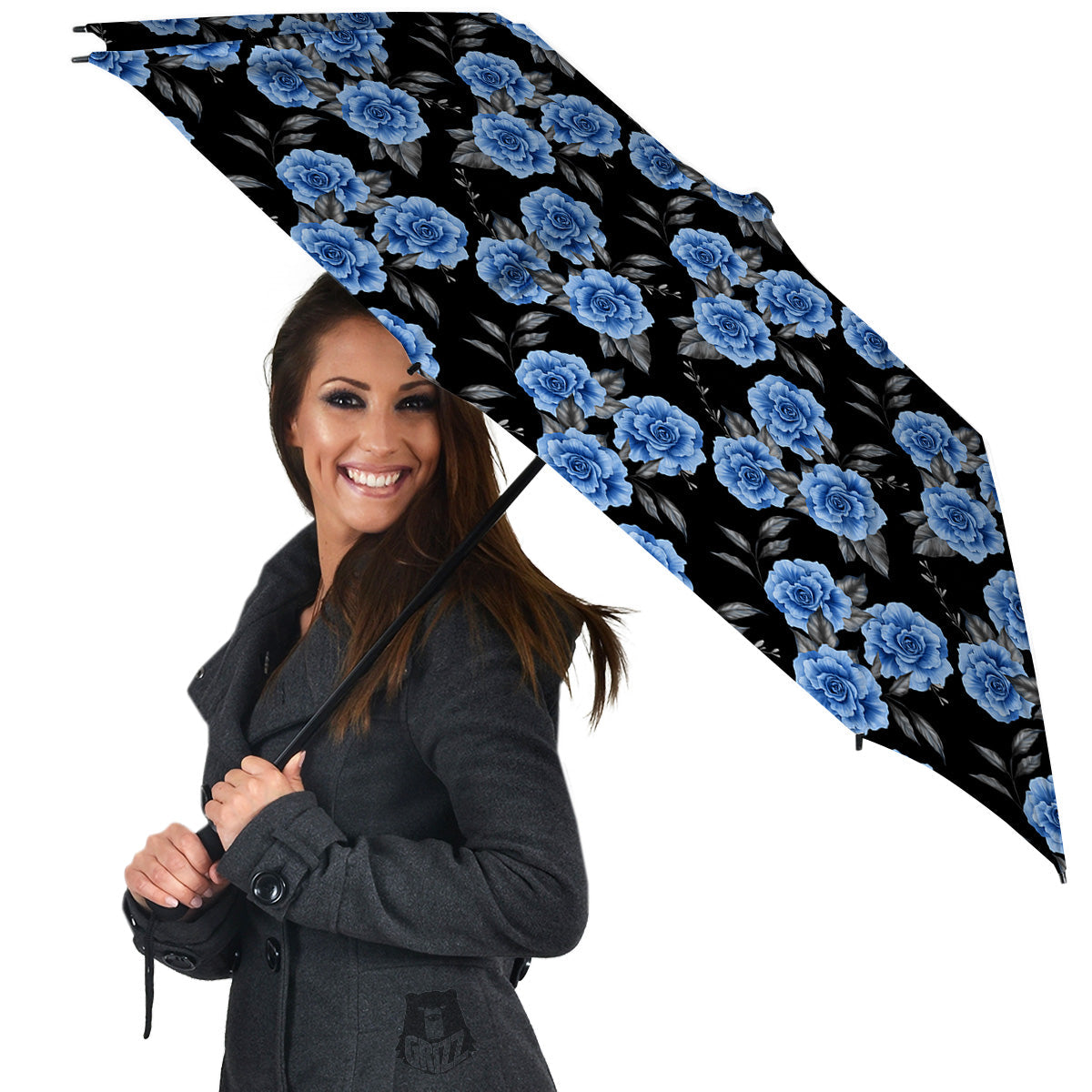 Grey Rose Floral And Blue Peony Print Umbrella-grizzshop