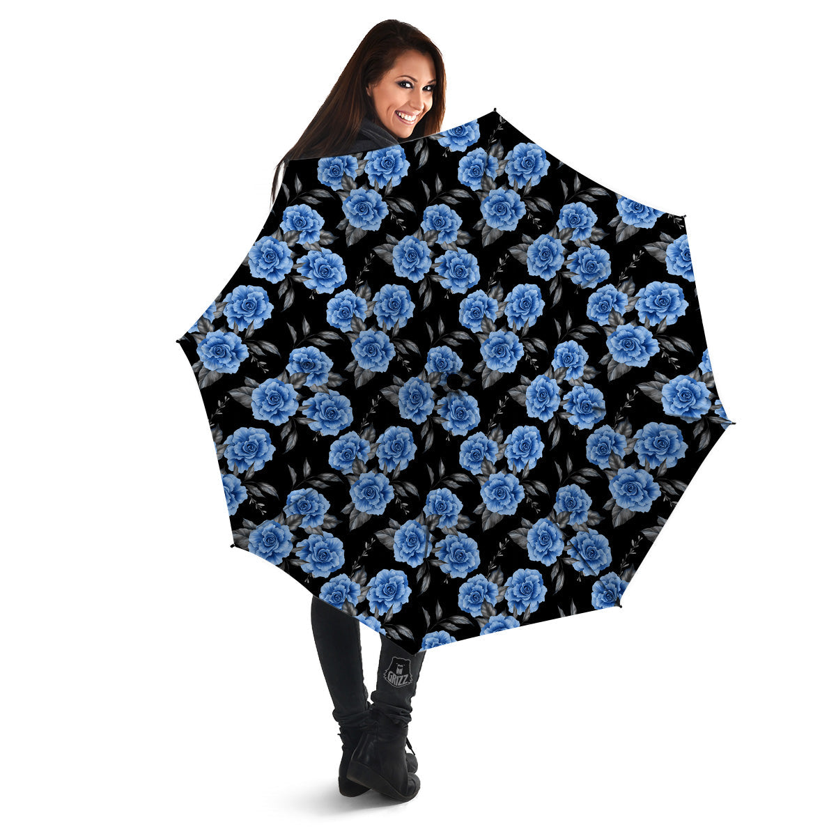 Grey Rose Floral And Blue Peony Print Umbrella-grizzshop