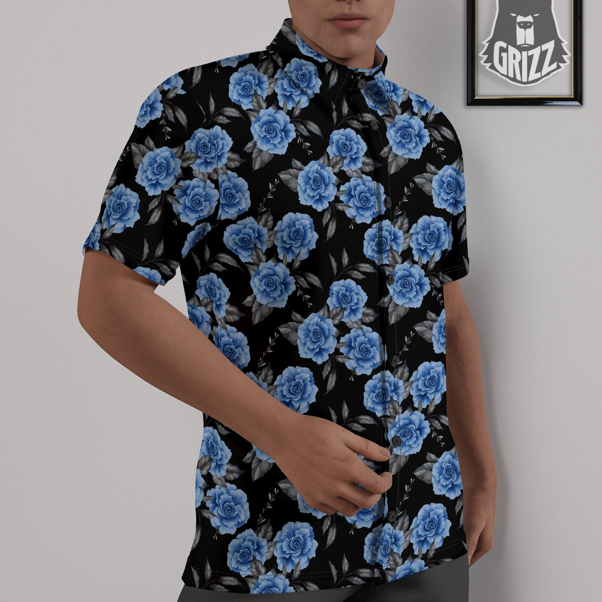 Grey Rose Floral And Blue Peony Print Untucked Shirts-grizzshop