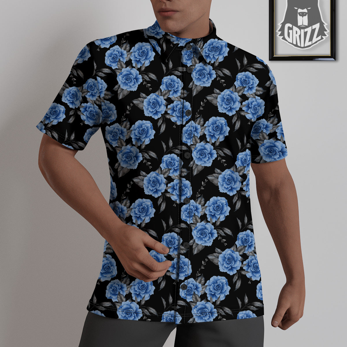 Grey Rose Floral And Blue Peony Print Untucked Shirts-grizzshop