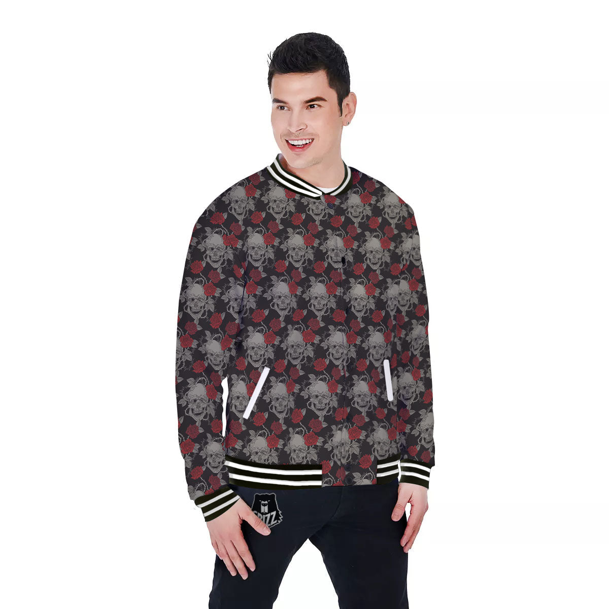 Grey Skull Red Rose Print Pattern Baseball Jacket-grizzshop