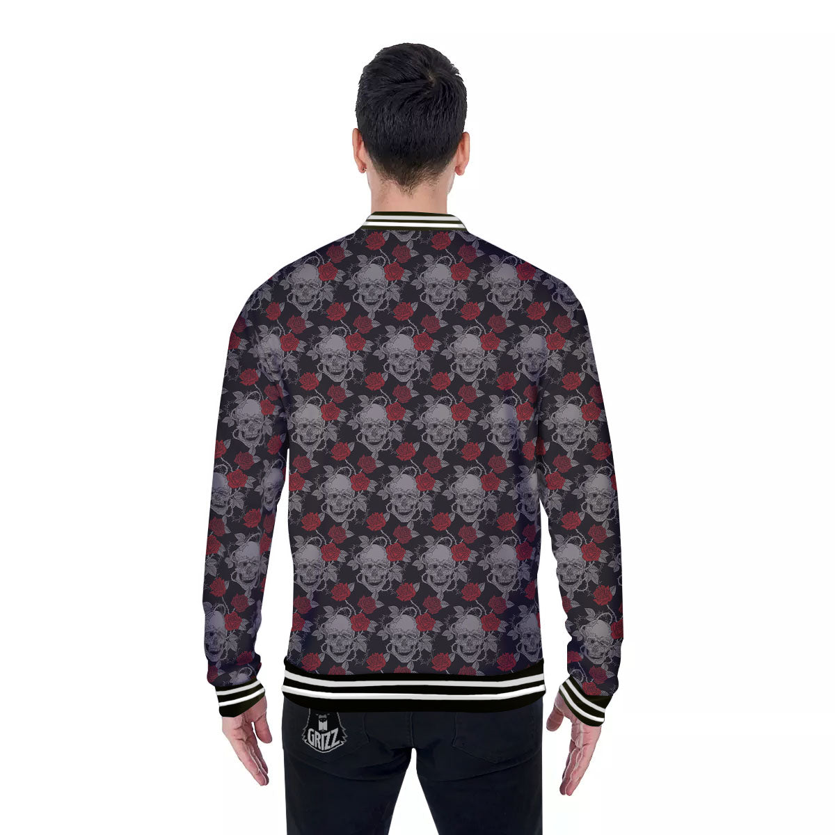 Grey Skull Red Rose Print Pattern Baseball Jacket-grizzshop