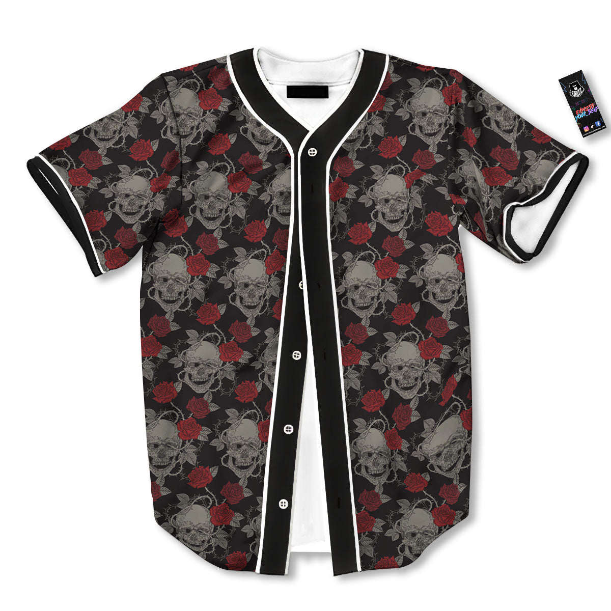 Grey Skull Red Rose Print Pattern Baseball Jersey-grizzshop